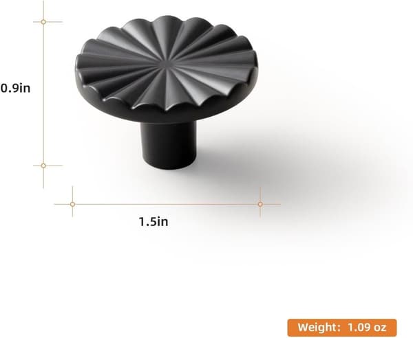 Skapknapper, solid ABS solsikkedesign, enkelthull, sett med 10 for kjøkkenskap, skuffer og møbler, 38 mm, svart