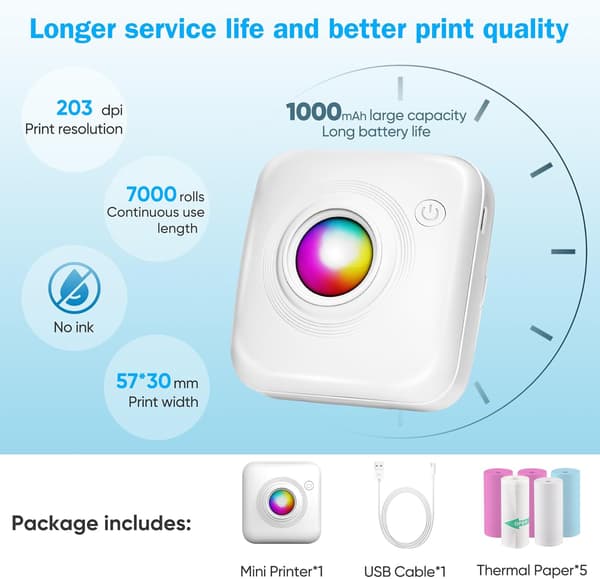 Bluetooth Thermal Printer for Mobile Printing, Inkless Printing for Creative Stickers, Portable Printer with High-Resolution Prints, Versatile
