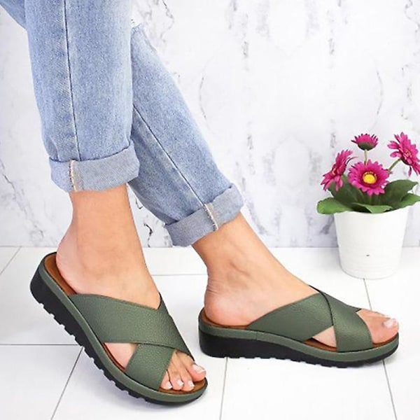 Kvinnor sommar plattform kil sandaler Cross Slip On Tofflor Flat Sliders Skor Green 41