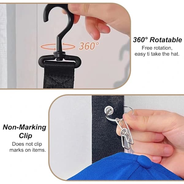 2 Pieces Hat Storage, Practical Hat Rack, Baseball Cap Storage with 16 Stainless Steel Clips, Hanging Hat Organizer with 2 Self-Adhesive Hooks