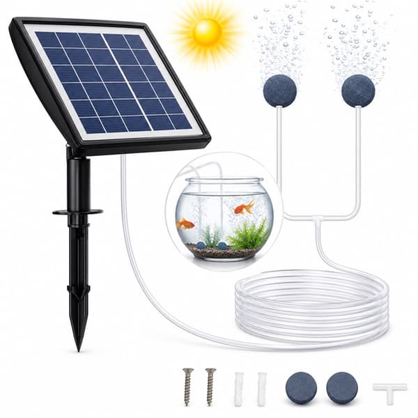 Solar dammluftpumpe, 2200mAh oppladbart batteri, justerbare moduser, 2 luftsteiner for akvarier, hagedammer, svart