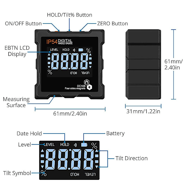 TS-4 X 90 Grader (0-360 Grader) Digital Elektronisk Magnetisk Vinkelmåler Bakgrunnsbelysning Digitalt Vater