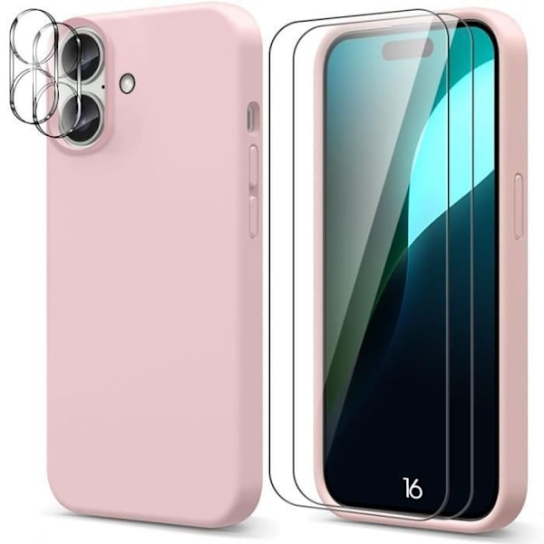 Etui for iPhone 16, rosa flytende silikonetui + 2 herdet glass og 2 bakre linseglass Gjennomsiktig deksel