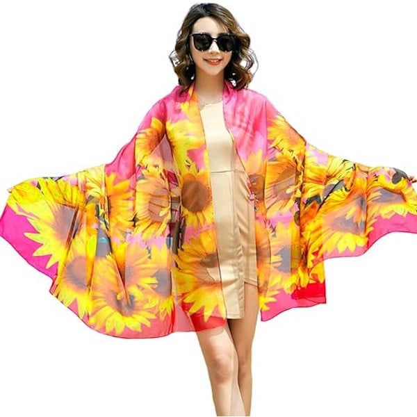 Dam Sarong Strand Omslag Sommar Strandkläder Semester Chiffon Baddräkt Wrap Pink sunflower