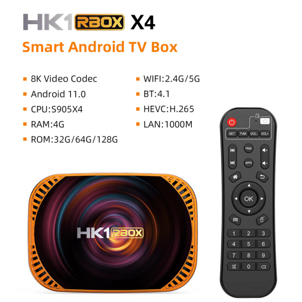 Android 11.0 TV Box 4GB RAM 64GB ROM TV Box HK1 Box X4 Amlogic S905X4 64-bitars Quad Core med Dual Wi-Fi 2.4G/5.0G EU 4GB 64GB