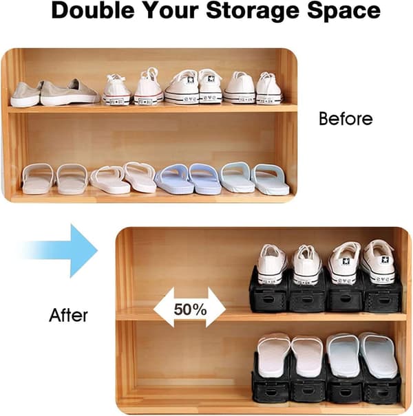 Shoe Rack 10-pack Space-Saving Adjustable Shoe Storage Organizer with 3-Tier Height, Non-Slip Shelf Holder, Plastic Black