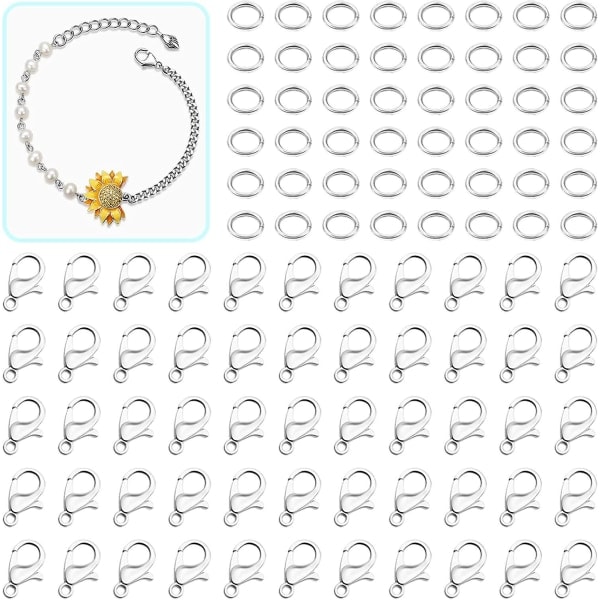 Hummerlås för smyckestillverkning, 240 st smyckeslås och fästen Hummerlåsspännen med öppningsringar för halsband armband (silver)