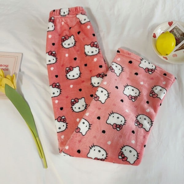 Hello Kitty Flanellpyjamas med tecknad design Plysch och tjock isoleringspyjamas för kvinnor Vattenmelonröd XL