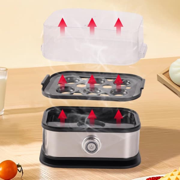 Elektrisk eggkoker, 6 egg kapasitet, rustfritt stål og PP, automatisk avslåing, bløtkokt, medium og hardkokt, hjemmefrokost