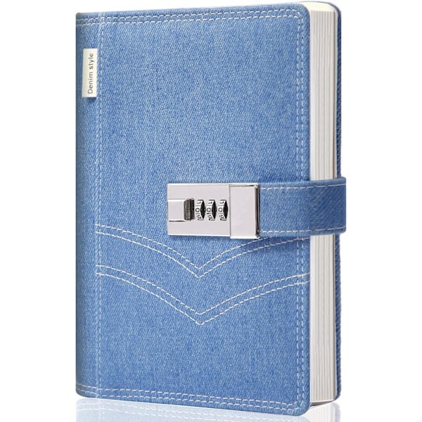 Denim Journal med Lås til Kvinder, Genopfyldelig Låsbar Journal til Voksne B6 Notesbog med Låsekombination, 14 x 20 cm, Blå{HH}