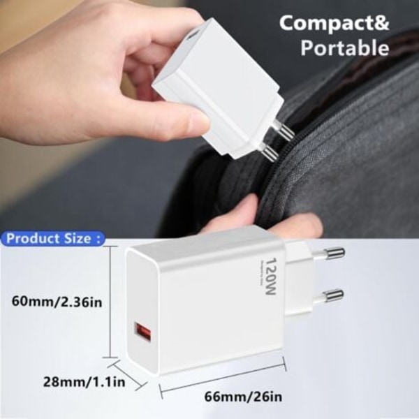 120W Hurtiglader USB for Xiaomi 14T Pro /13T Pro /11T Pro, Turbo-lader med 6A USB C-kabel for Redmi Note 13 Pro+ 12 Pro+ 11 Pro+ 5G