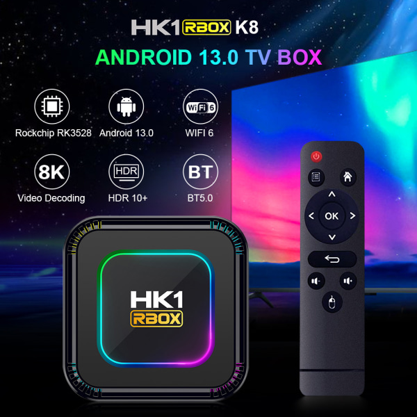 Android TV Box 13.0 4GB RAM 32GB ROM RK3528 WiFi 6 Smart TV Box RGB Light Set Top Box BT5.0 Ultra HD 1080P 4K 8K HLG Mode HDR10 EU 4GB 32GB