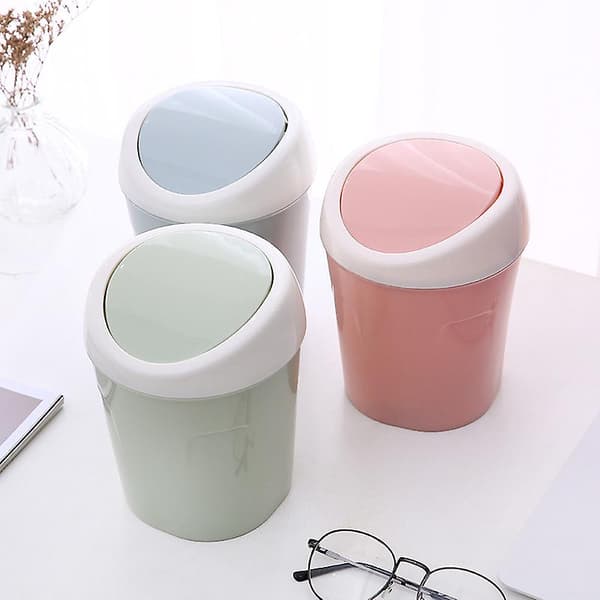 3 Mini Plastic Trash Cans, Small Desktop Waste Bin with Rotating Lid, for Home, Office, Kitchen, Dressing Table, Bedroom, Bathroom (Blue+Green+Pink)