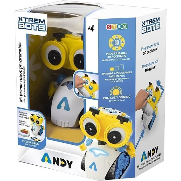 Xtrem Bots - Programmerbar robot Andy, interaktivt pedagogisk leketøy, intelligente pedagogiske spill for barn, leker for gutter og jenter 4 år og oppover
