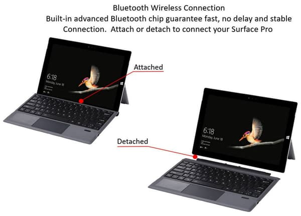 Bluetooth-tastaturdeksel med styreflate, magnetisk avtakbar design for Microsoft Surface Pro 3/4/5/6/7/7+, svart