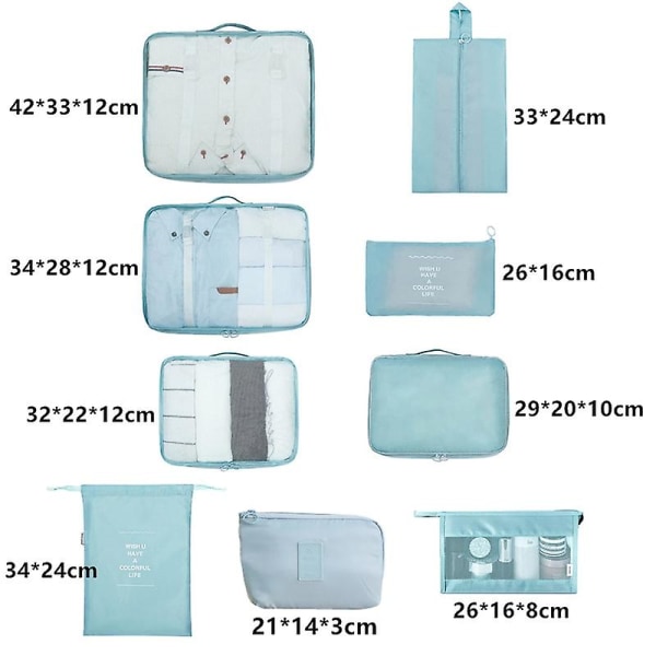 Organizer , 9 delar, bärbara bagageväskor , perfekt för förvaring av skor och kläder i set resväska Sky blue 9-piece set