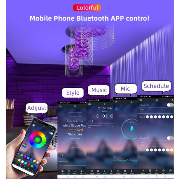 Fleksibel 10m RGB LED-stripe / Lyslenke / LED-Strip Bluetooth APP flerfarget