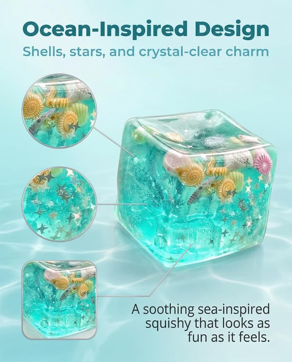 Ocean Squishy Stress Cube Sensorisk Fidget Legetøj, Langsomt Stigende TPR Klemmelegetøj til Børn Voksne Kontor Skole, Blå 2-pak 2-Pack