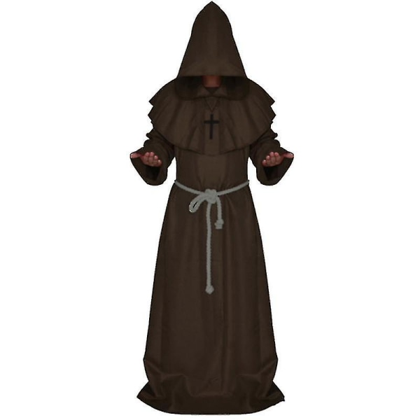 Män Munk Hooded Robe Kappa Cape Friar Medeltida Präst Cosplay kostym Coffee S