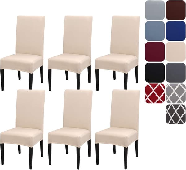 Spisestoltrekk Sett Med 6 Elastiske Polyestertrekk Avtagbare Maskinvaskbare For Kjøkken Spisestue Beige
