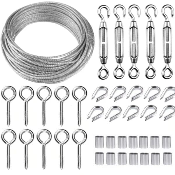 30M/2mm Rustfri Wire Kit med M5 Spændeskruer til Planter, Tørresnor, Rækværk