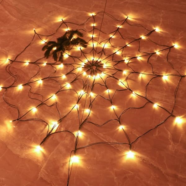 60 orange LED-lamper med sort edderkop, Halloween-dekorationer
