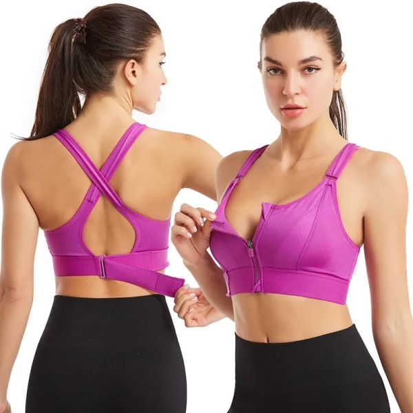 Sport-BH för kvinnor samlad utan stålring Justerbart bälte Fram Dragkedja Yoga Löparväst Stötsäkra underkläder Plus Size 2XL Purple