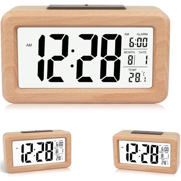 Digital wooden alarm clock with large display, sensor modules, temperature and date display, adjustable night light and snooze function, silent