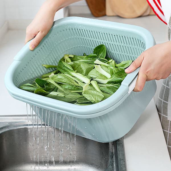 Double-Layer Multifunctional Vegetable Washing Bowl with Drain Basket - Thickened Large Plastic Kitchen Colander for Fruits & Vegetables Blue
