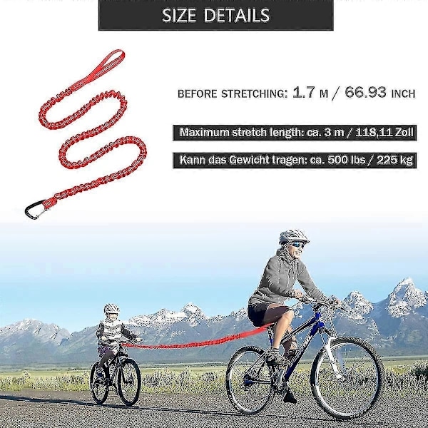 Cykelbugserline Børnebugserline til cykel Bugserrem Elastisk cykelbungee-bugserline, lastekapacitet 225 kg (rød - 170 cm)