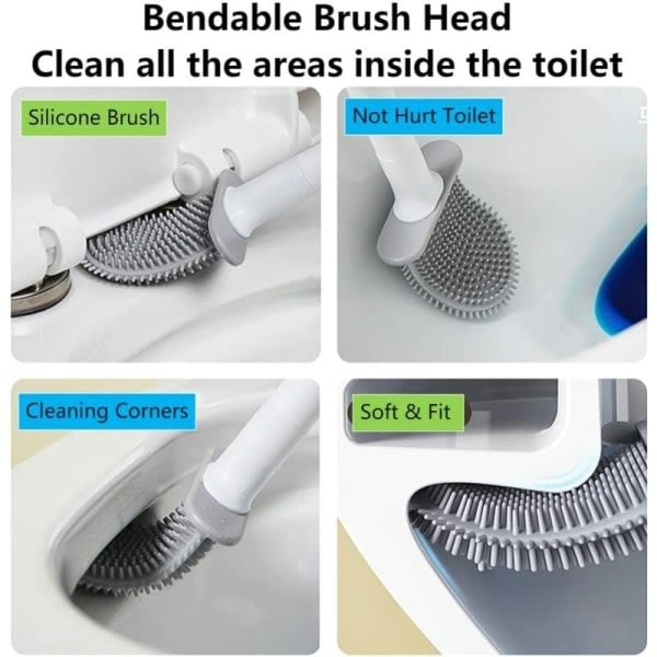 2-pakk vit musta silikoninen litteä wc-harja, wc-harja ja teline, seinäkiinnitettävä wc-harja, pehmeä geeliharjapää Ei kuollutta tilaa