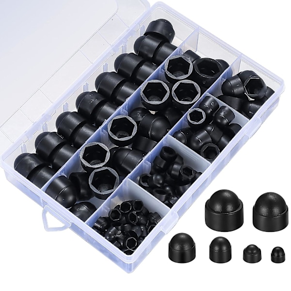 145 stk Bulthetter Skruelokk, Plastkuppelmutter, Sekskantet Mutterbeskyttelse, Bultlås Svart Bultmutter - M4/m5/m6/m8/m10/m12