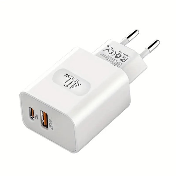 40W Dobbelt Ports USB-C Væglader med PD 3.0 & QC 4.0, Hurtig Opladning Strømadapter vit