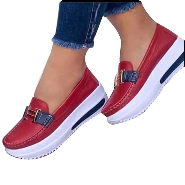 Bekväma plattform Loafers för kvinnor Casual Flat Pu Walking Skor Vintage Red 36