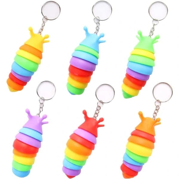 6 st Mini Fidget Snigel Nyckelring Leksaker, 3D Ledad Stretch Larv Sensorisk Stress Relief Flexibel Hand Leksak