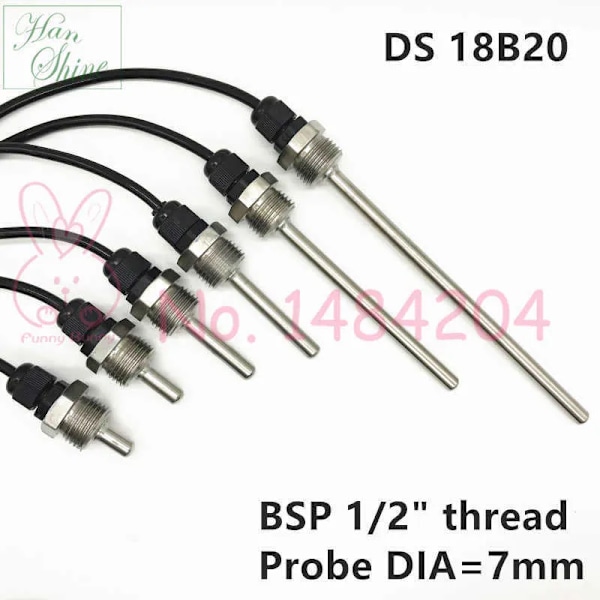 Grossist DS18B20 Digital Temperatursensor BSP G1/2\" Gänga 20 50 100mm Sond 1m PVC 3-ledare Kabel SUS304 Rostfritt Stål Skal Detektor 210719