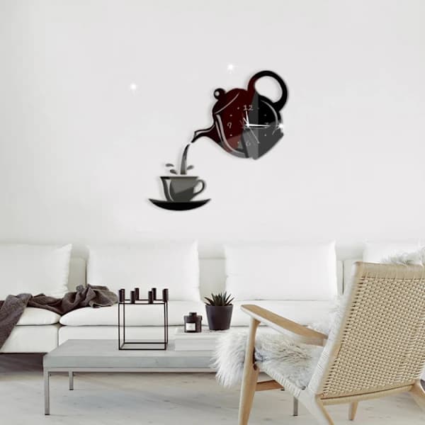 Creative DIY Acrylic Coffee Cup Tea Pot 3D Wall Clock Decorative Kitchen Wall Clocks Living Room Dining Room Home Decor Clock (Black)