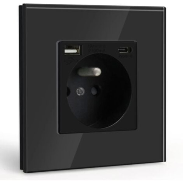 TS-Veggkontakt med USB og 1 Type C, Svart strømuttak med krystallglasspanel, Veggmontert stikkontakt med USB (maks 2.1A), egnet for smarttelefon