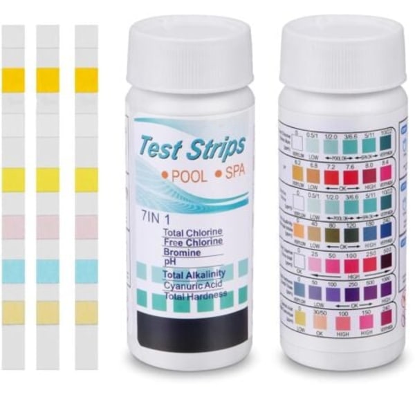 TS-100 st 7-i-1 Teststickor för Pool, PH-testare för Pool för Vattenhårdhet, Testare för Brom och Klor, Vattenanalyskit för Spa & Akvarium