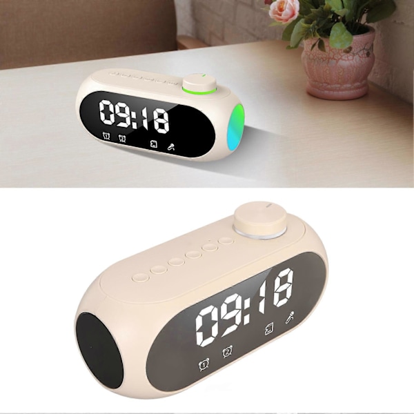 Trådlös Bluetooth-högtalare med RGB-belysning, kraftfull bas, temperaturvisning, röstmeddelande, FM-radio och spegelväckarklocka, beige