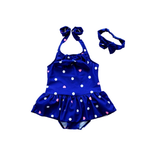Barn Baby Flickor Polka Dot Grimma Badkläder Rosett Baddräkt i ett stycke + Pannband Set Strandkläder Blue 5-6 Years