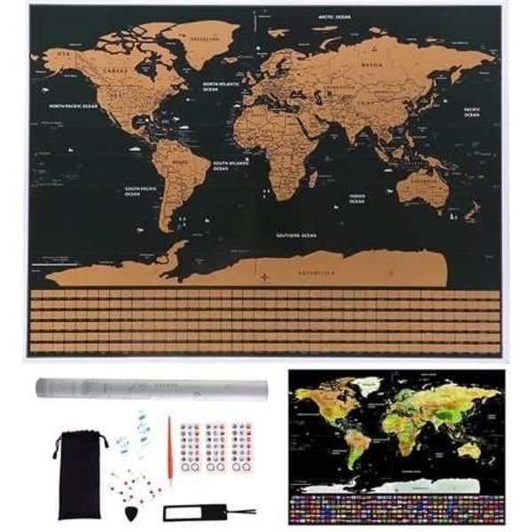 Raaputuskartta tarvikkeilla / Scratch Map / Maailmankartta - 82 x 59 cm