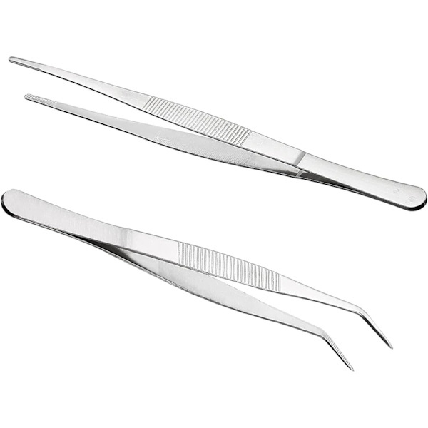 Long Straight Tweezers Curved Tweezers Blunt Tweezers Stainless Steel (2 Pcs)