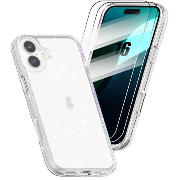 Etui + 2 stk herdet glass til iPhone 16, transparent beskyttelse med glitrende effekt støtsikker ripebestandig