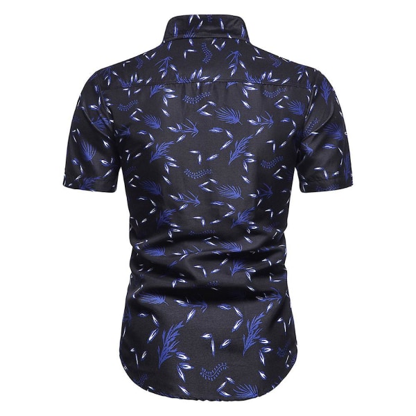 Män Hawaiian Print Lapel Neck Kortärmad Button Up Skjortor Casual Toppar Navy Blue M