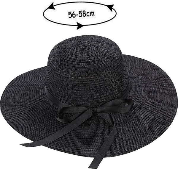 Dame strå solhat, UPF 50+ UV-beskyttelse, bred skygge, justerbar snøre, floppy strandhat til voksne, sort One Size
