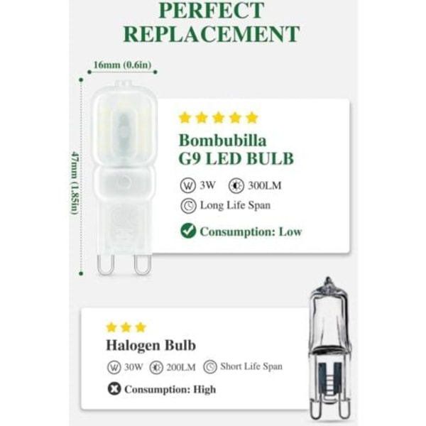 TS-Ampoule LED G9, 3W svarende til 30W halogenlampe, kold hvid 6000K, 300LM, Mini LED G9 lampe uden flimmer, ikke dæmpbar, 360° strålevinkel p