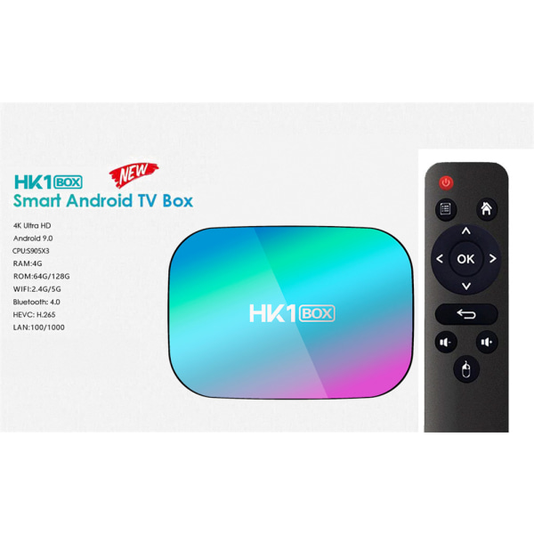 Android 9.0 TV Box 4GB RAM 64GB ROM TV Box HK1 Box Amlogic S905X3 64-bitars Quad Core med Dual Wi-Fi 2.4G/5.0G, BT 4.0/ 3D Ultra HD EU 4GB 32GB