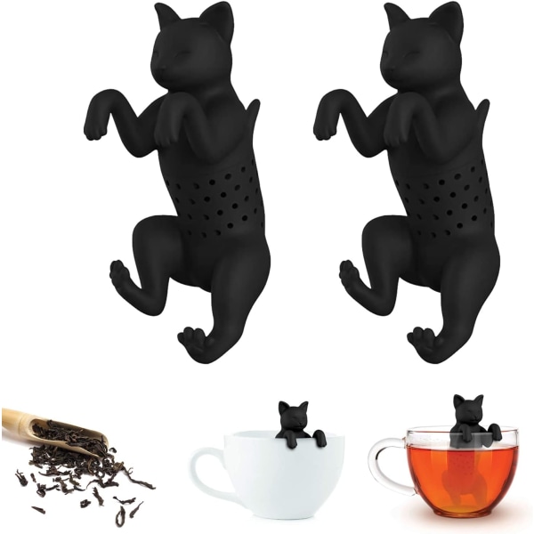 Teinfuserare, silikonteinfuserare, tesil teinfuserare, söt kattformad tefilter, återanvändbar tecknad tesil (svart) (2 st)