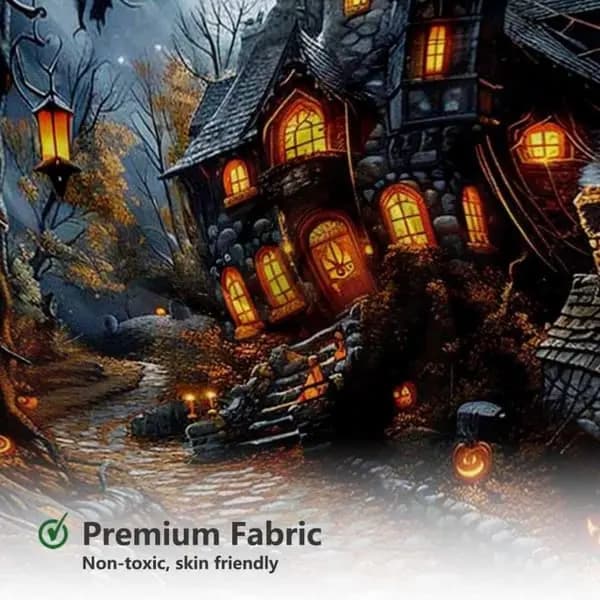 Halloween-duschdraperi – Spöklikt hemsökt hus med onda pumpor & fullmåne, 180×180 cm